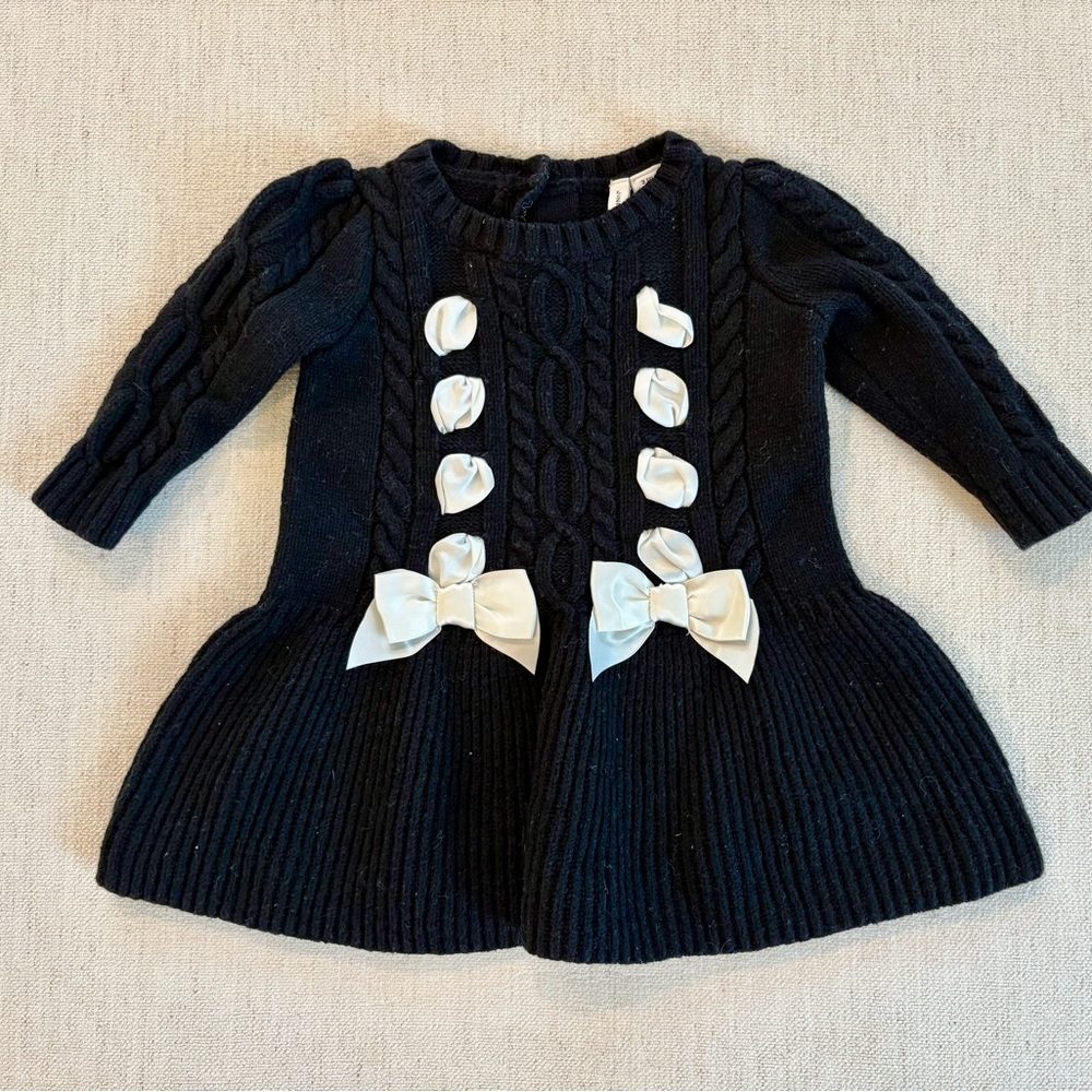Janie and Jack Black Sweater Dress with White Bow Accents